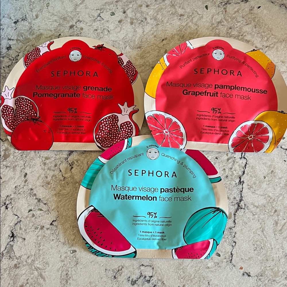 Set of 3 Sephora masks- Pomegranate, Grapefruit, Watermelon